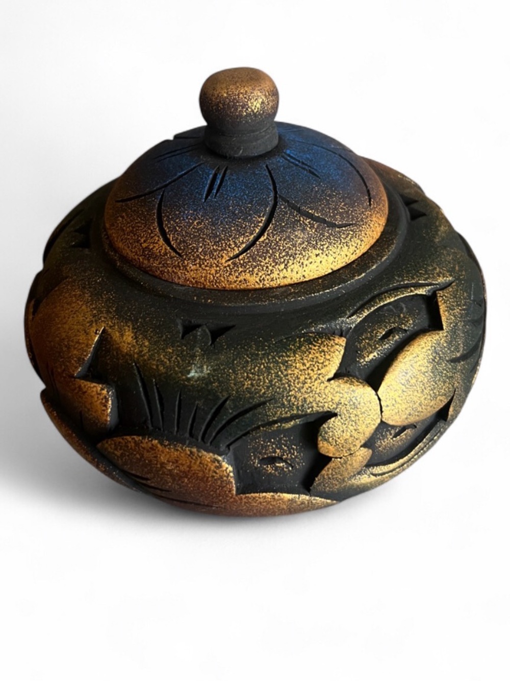 Decorative Round Carved Wood Trinket Box from Bali, 'Denpasar Treasure'
